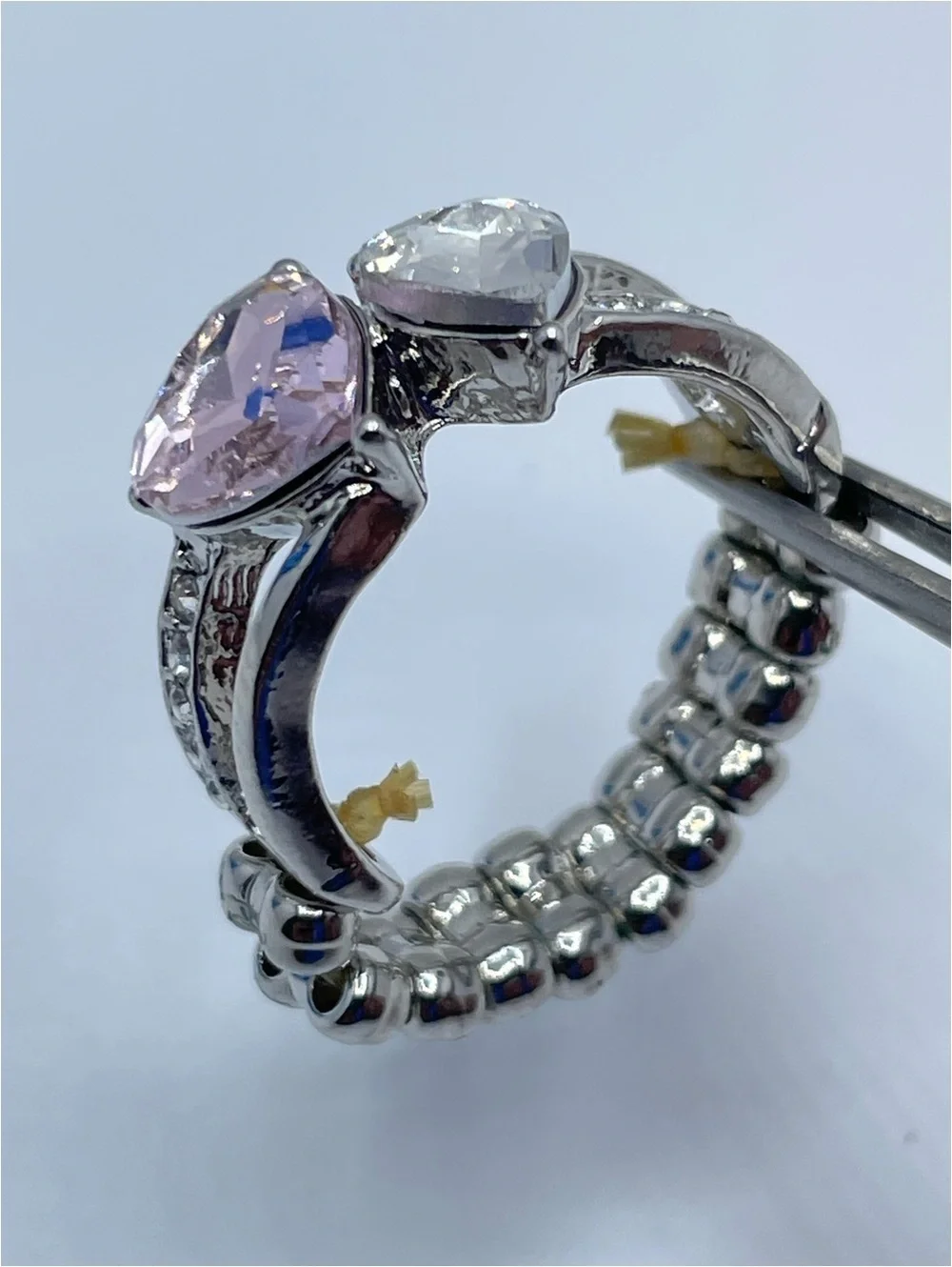 Silver Tone Pink Clear Heart Crystal Stretch Ring Statement